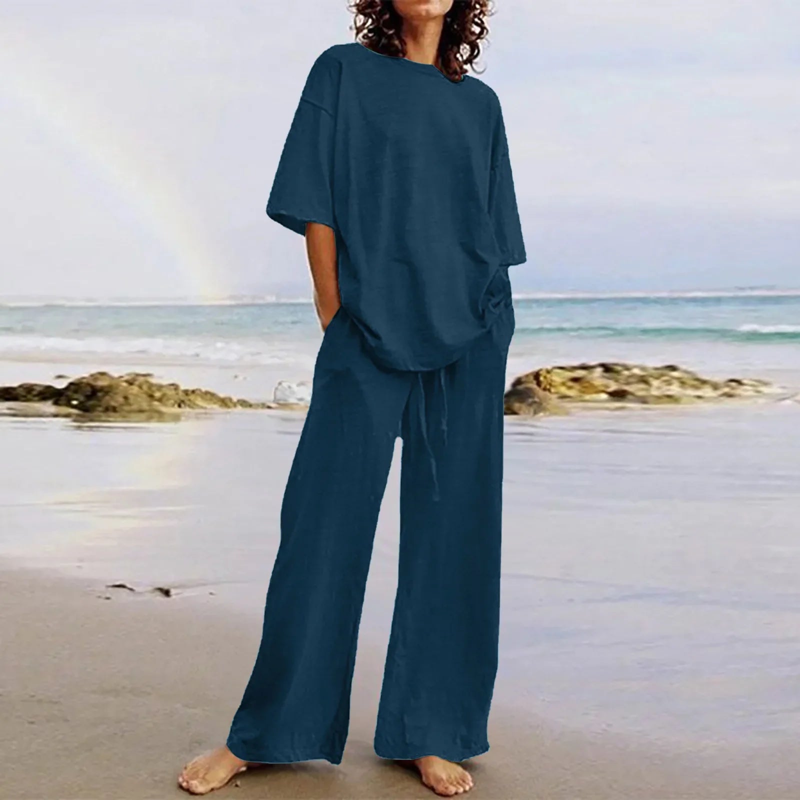 Completo Due Pezzi Donna — Top Girocollo con Tasche e Pantaloni Wide Leg Casual