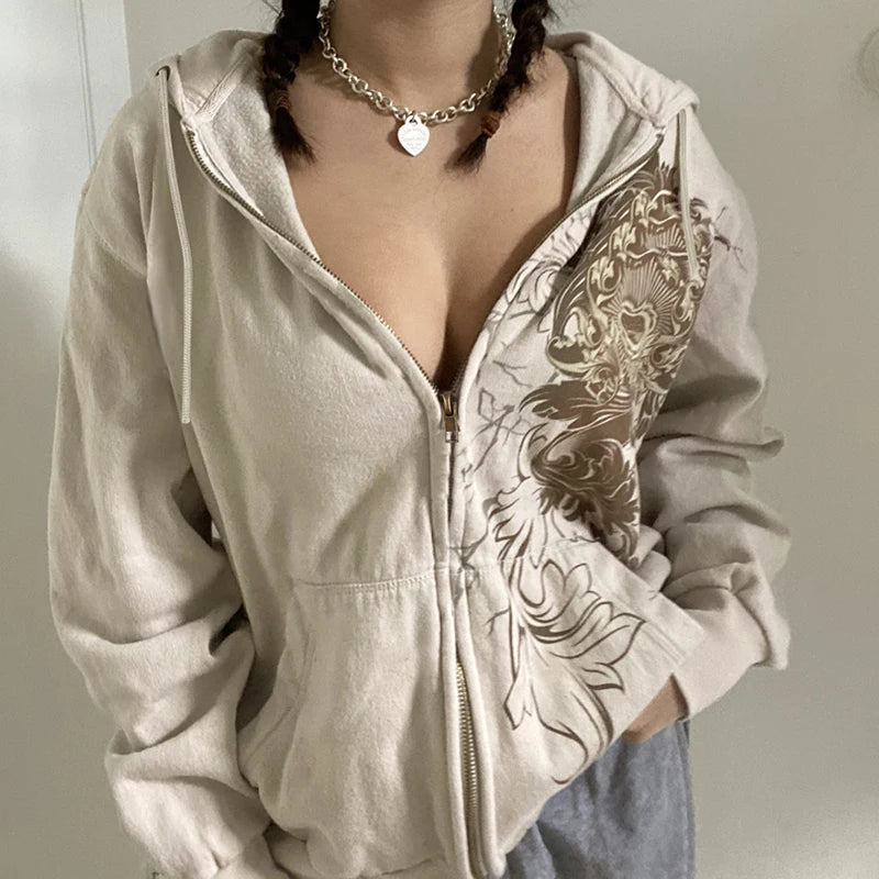 Felpa Y2K Vintage con Ricami e Zip - Stile Grunge Retrò Anni 2000 Donna