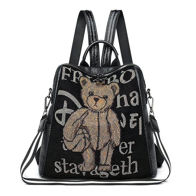Zaino Donna Design Orsetto con Diamanti - Borsa Scuola Fashion in Pelle