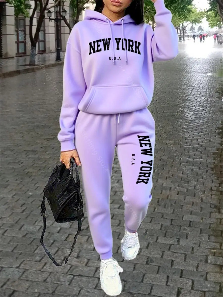 Tuta Sportiva Donna New York - Completo Felpa con Cappuccio e Pantaloni Streetwear Autunno Inverno