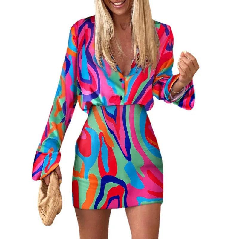 Abito Due Pezzi Donna Elegante - Giacca Stampata Manica Lunga e Gonna Aderente