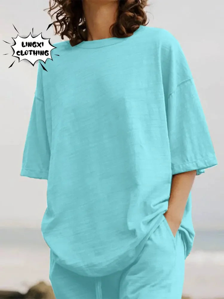 Completo Due Pezzi Donna — Top Girocollo con Tasche e Pantaloni Wide Leg Casual