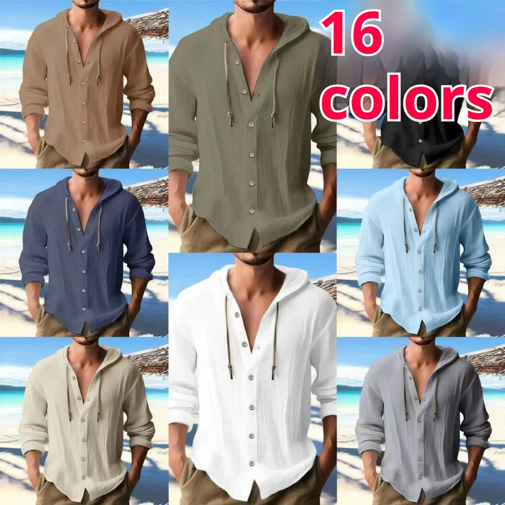 Camicia Uomo Cotone e Lino con Cappuccio – Cardigan Casual Beach Loose Fit