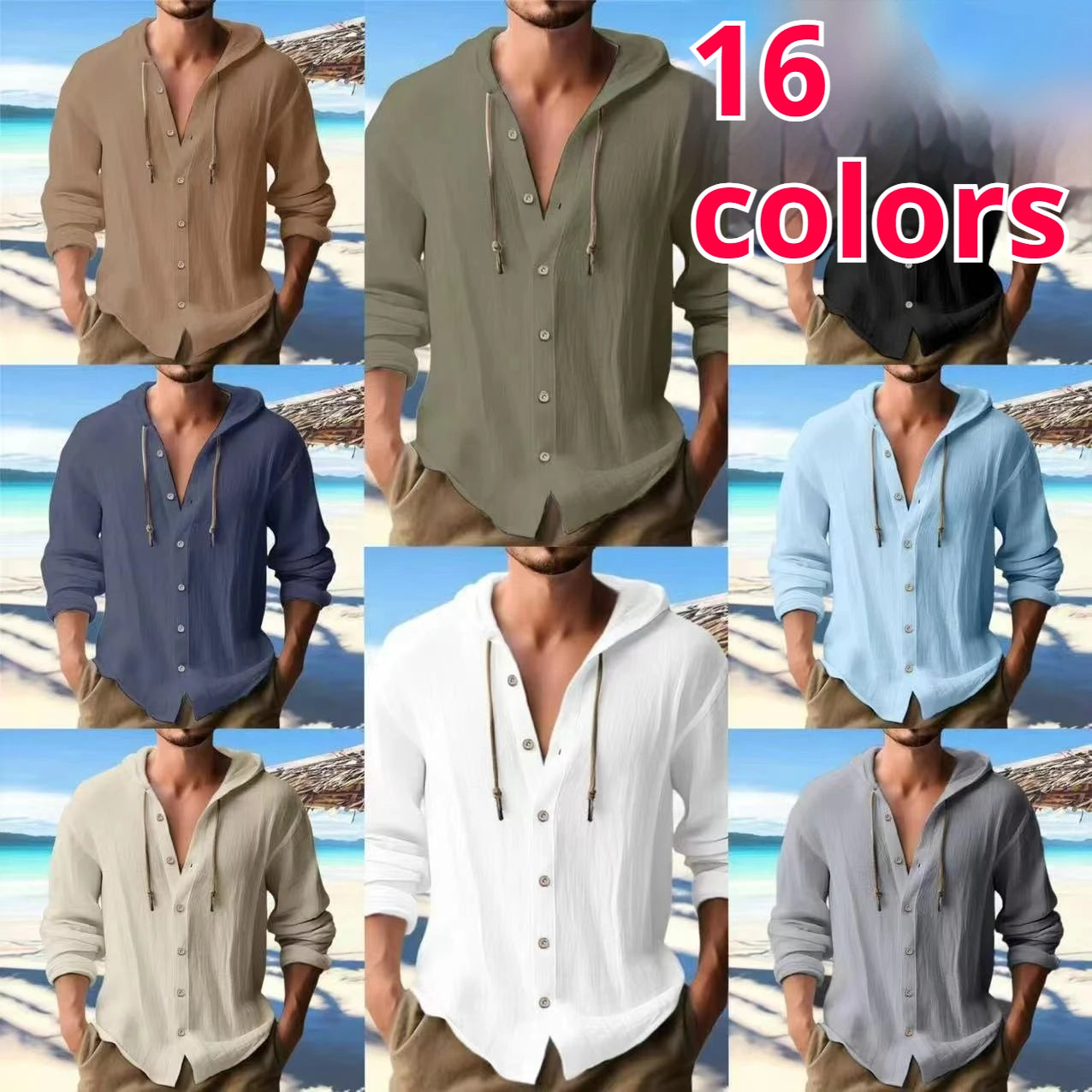 Camicia Uomo Cotone e Lino con Cappuccio – Cardigan Casual Beach Loose Fit