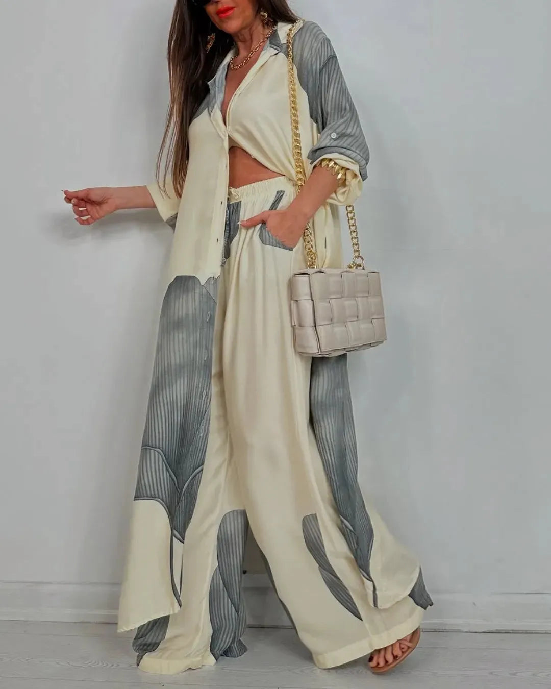 Completo Due Pezzi Donna — Camicia Lunga Stampata e Pantaloni Wide Leg Casual