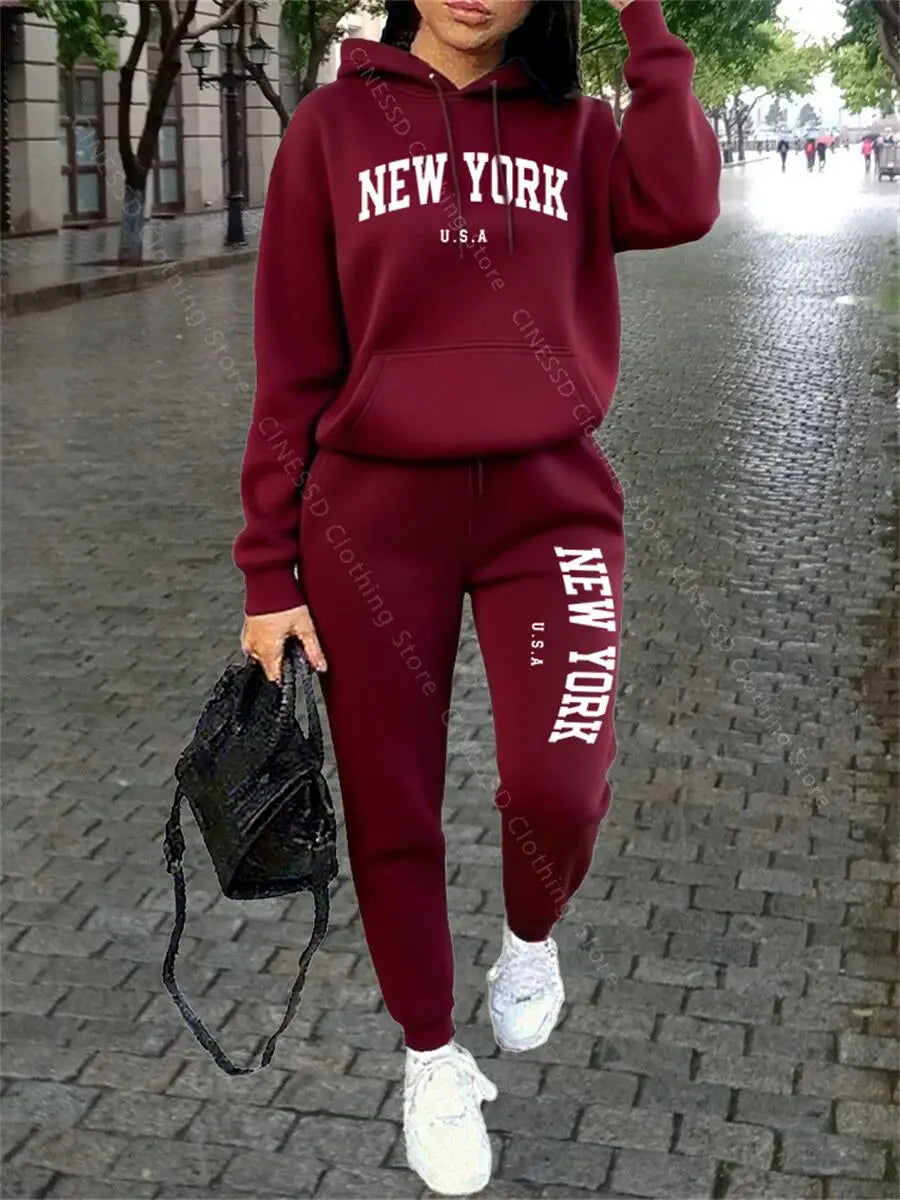 Tuta Sportiva Donna New York - Completo Felpa con Cappuccio e Pantaloni Streetwear Autunno Inverno