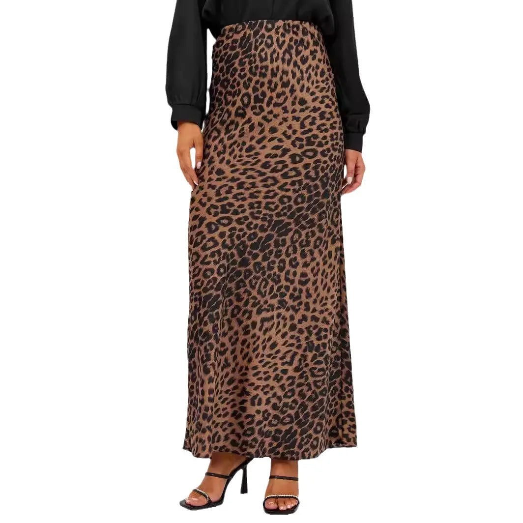 Skirts Women summer sexy leopard print high waist elastic silky skirt ankle length Forking Women's clothing WSL6751