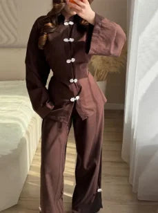 Casual Frog Buttons Linen Two Piece Set Women Lace Up Stand Collar Shirts Wide Leg Pants 2026 Spring Summer Lady Loose Outfits