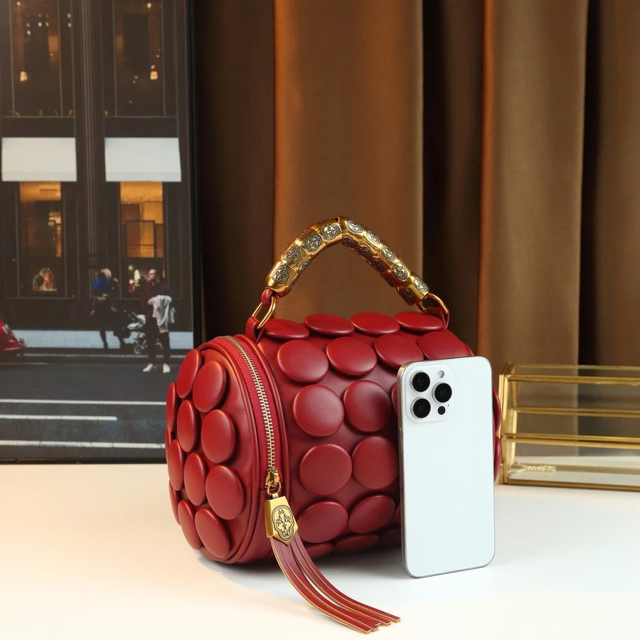 Borsa Cilindro Rotonda Vintage - Tracolla Donna Casual Fatta a Mano