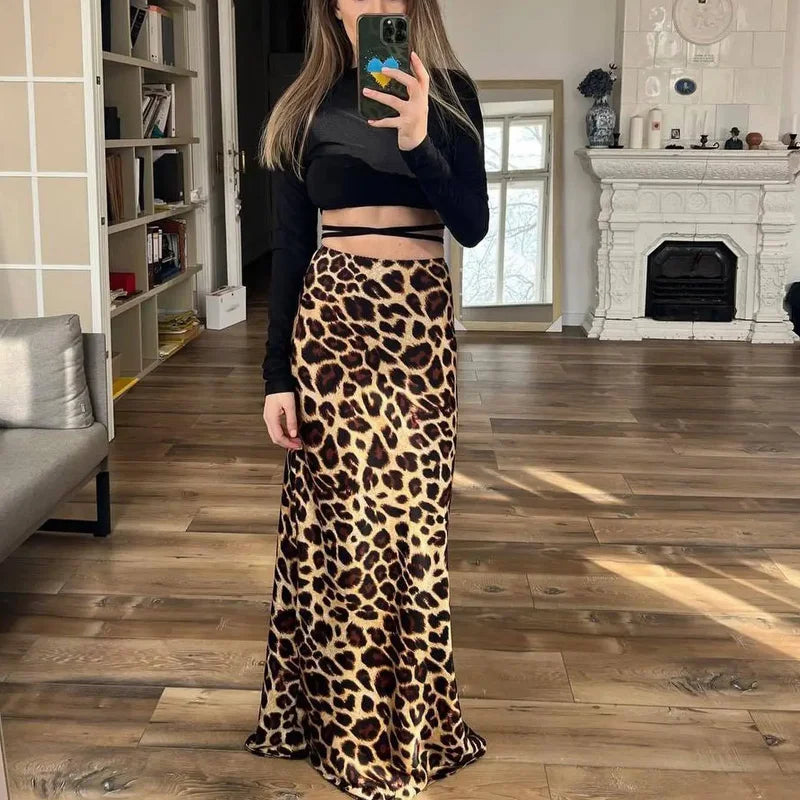 HXAO Women's Skirts Leopard Long Skirts For Women Vintage Satin Animal Print Skirt Woman Fashion High Waist Elegant Midi Skirts