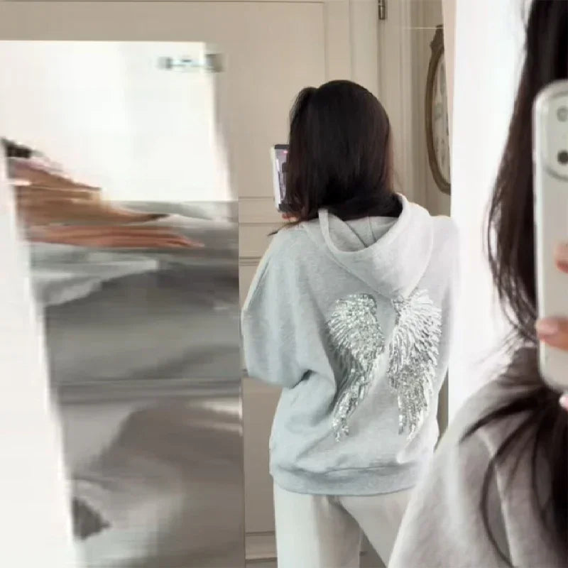 Felpa con Cappuccio Donna Gothic Paillettes Ali d'Angelo - Pullover Loose Autunno Inverno