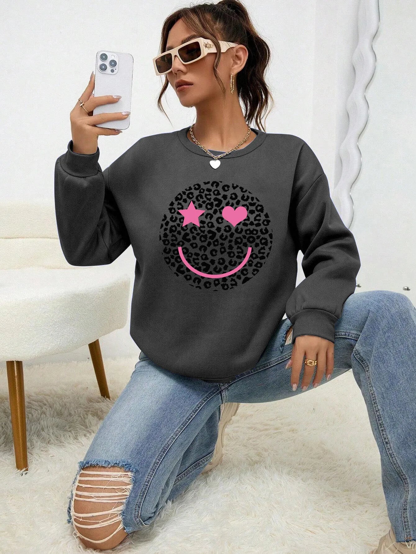 Felpa Donna Stampa Leopardo Happy Face - Pullover Fleece Streetwear Autunno Inverno