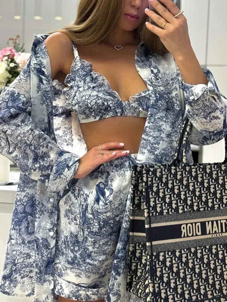 Retro Ink Shirt Three-piece Shorts Suit Women's Summer Casual Long Sleeve Button Print Fashion Shirt with Shorts Suit