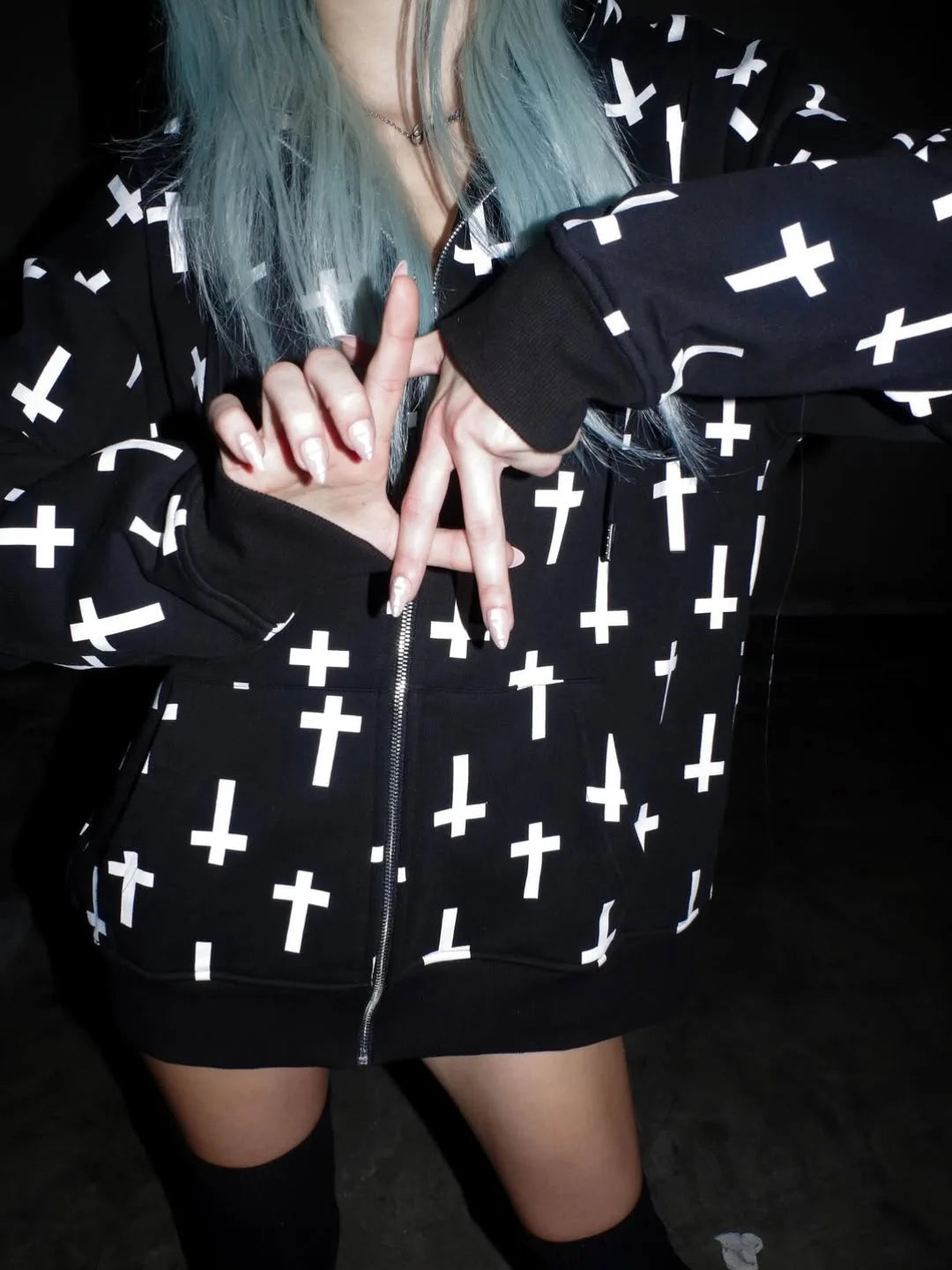 Felpa con Cappuccio Donna Y2K Gothic Punk - Stampa Croce Retrò Americana con Zip
