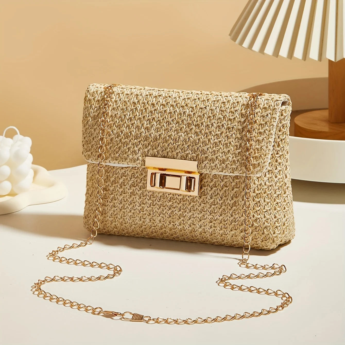 Borsa Paglia Intrecciata Donna - Tracolla Fashion con Chiusura a Lucchetto