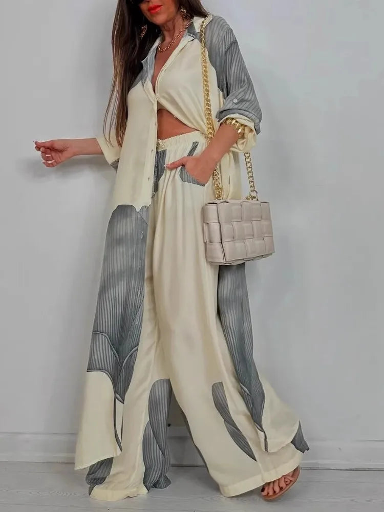 Completo Due Pezzi Donna — Camicia Lunga Stampata e Pantaloni Wide Leg Casual
