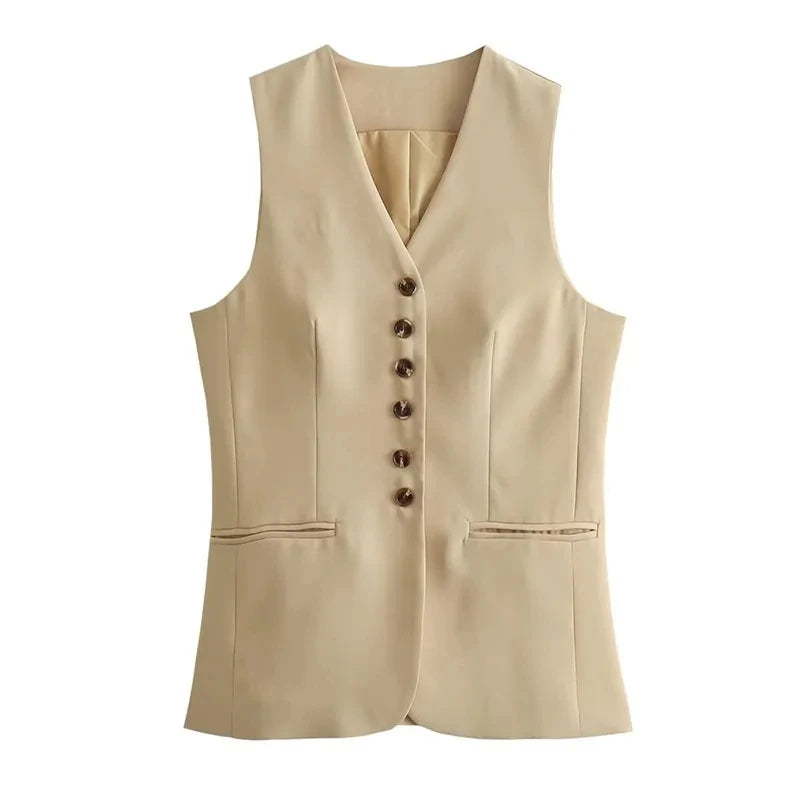 HH Women Vest Skirt Sets Female Khaki Long Blazer Vest V Neck Sleeveless Slim Top+Elegant High Waist A Line Skirt Suit TRAF