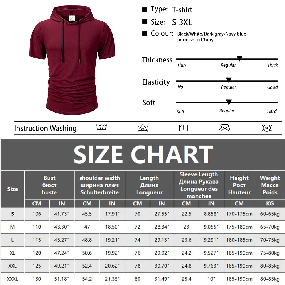 Felpa Uomo Estiva con Cappuccio Manica Corta - T-shirt Sportiva Traspirante