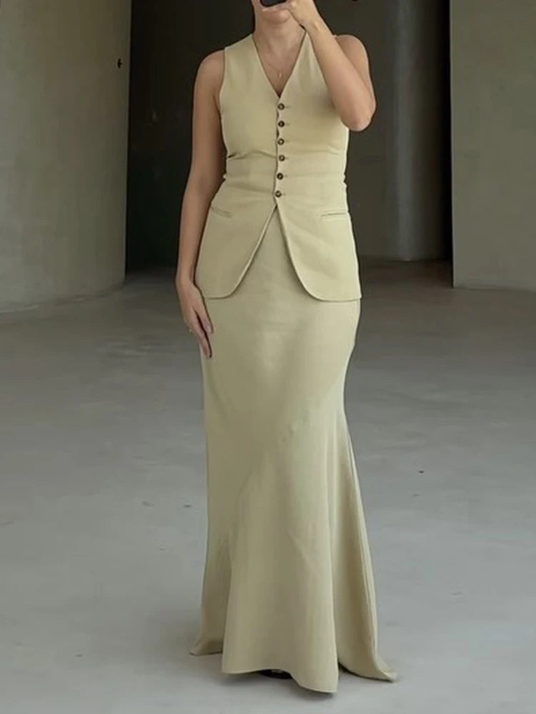 HH Women Vest Skirt Sets Female Khaki Long Blazer Vest V Neck Sleeveless Slim Top+Elegant High Waist A Line Skirt Suit TRAF