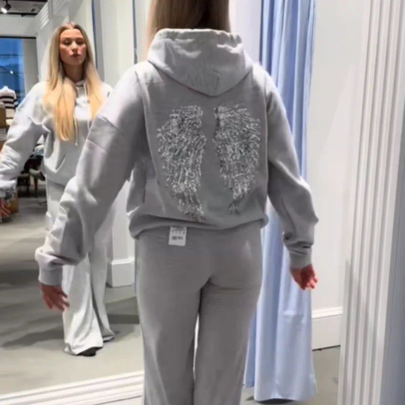 Felpa con Cappuccio Donna Gothic Paillettes Ali d'Angelo - Pullover Loose Autunno Inverno