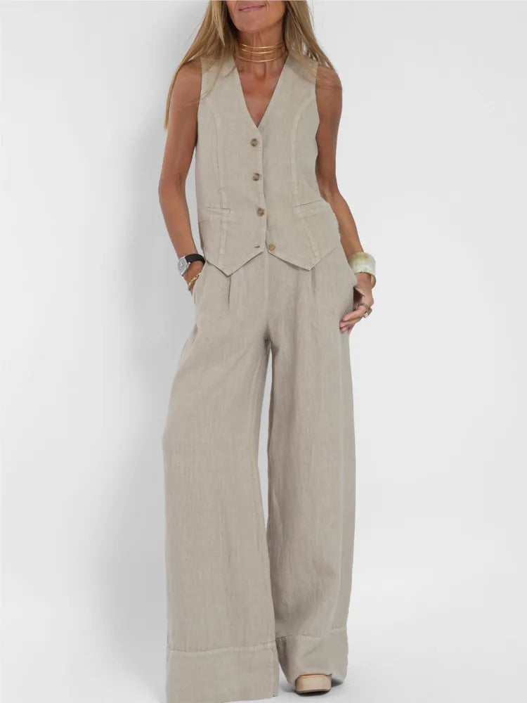 Fashion Solid Sleeveless Vest Wide Leg Pants Sets For Women Summer V-neck Button Top Pocket  Trousers Outfits Two-piece Suit