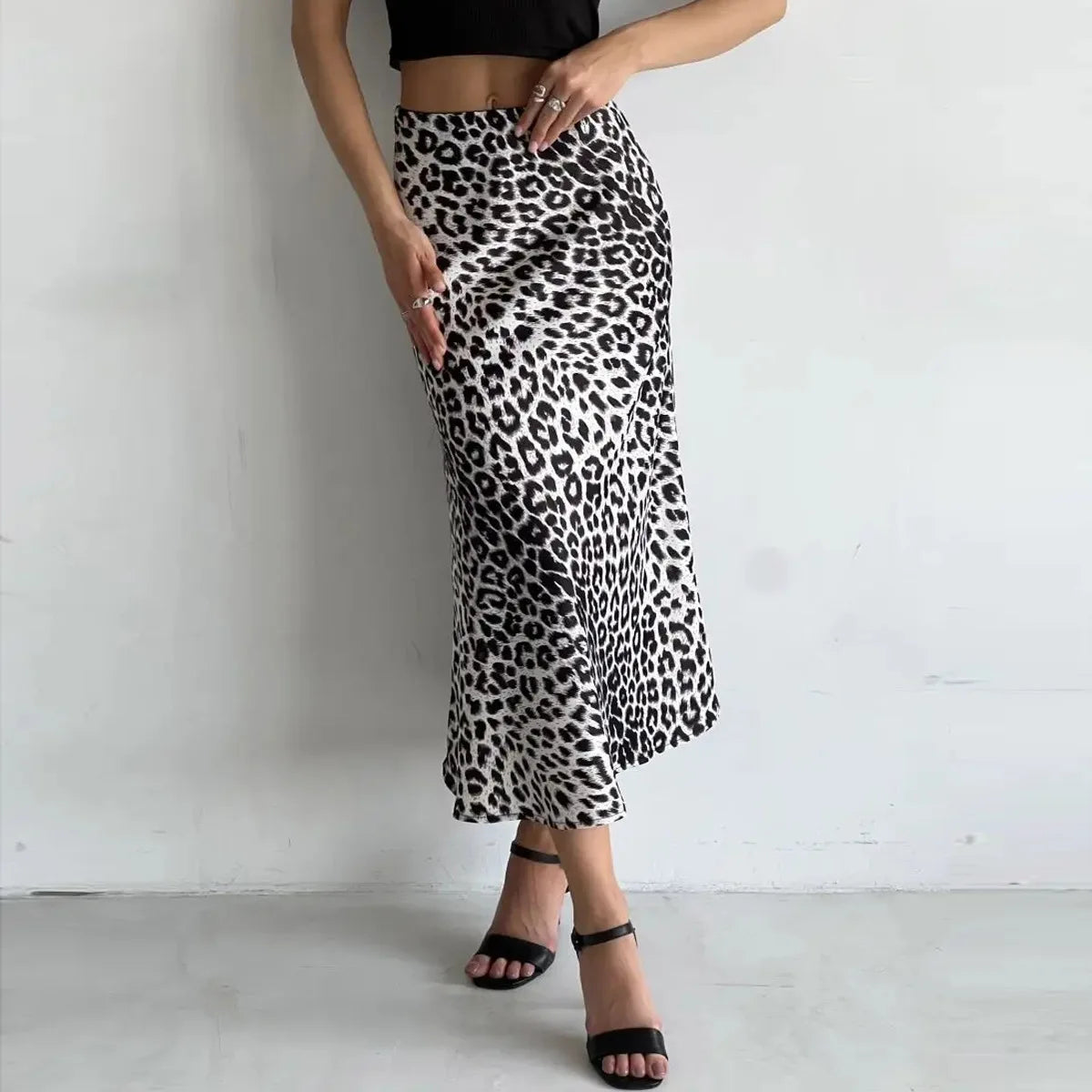 Skirts Women summer sexy leopard print high waist elastic silky skirt ankle length Forking Women's clothing WSL6751