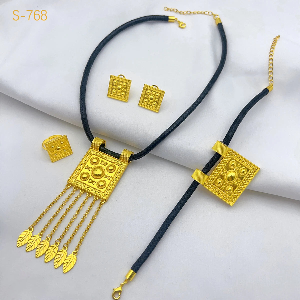 Luxury Gold Color Bridal Jewelry Sets for Women Ethiopian Black Rope Tassel Pendant Necklace Earrings Bracelet Ring Wedding Gift