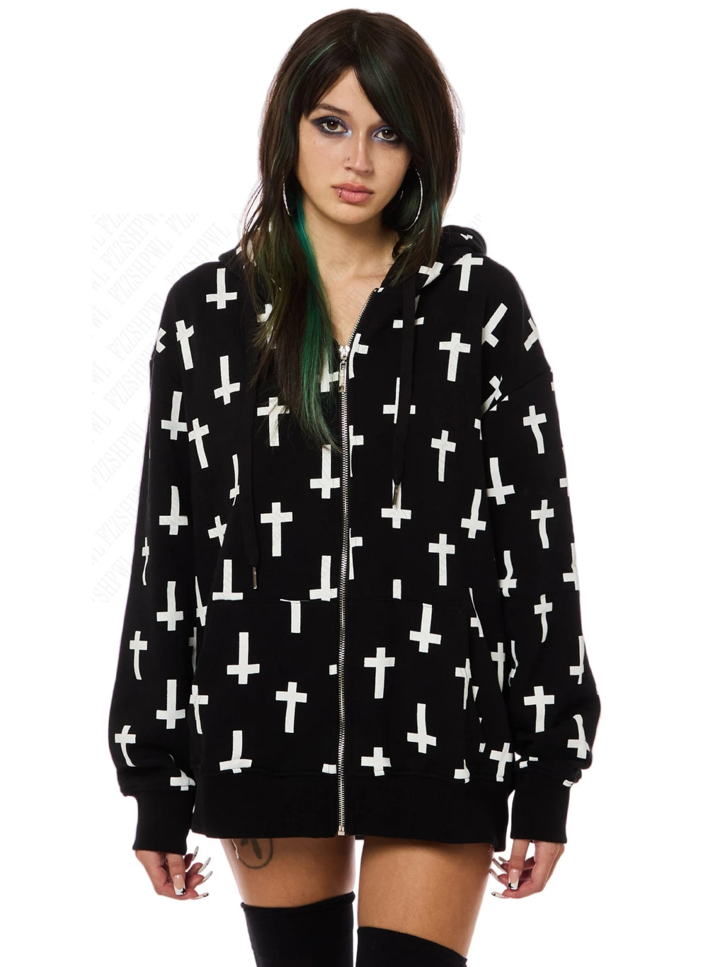 Felpa con Cappuccio Donna Y2K Gothic Punk - Stampa Croce Retrò Americana con Zip