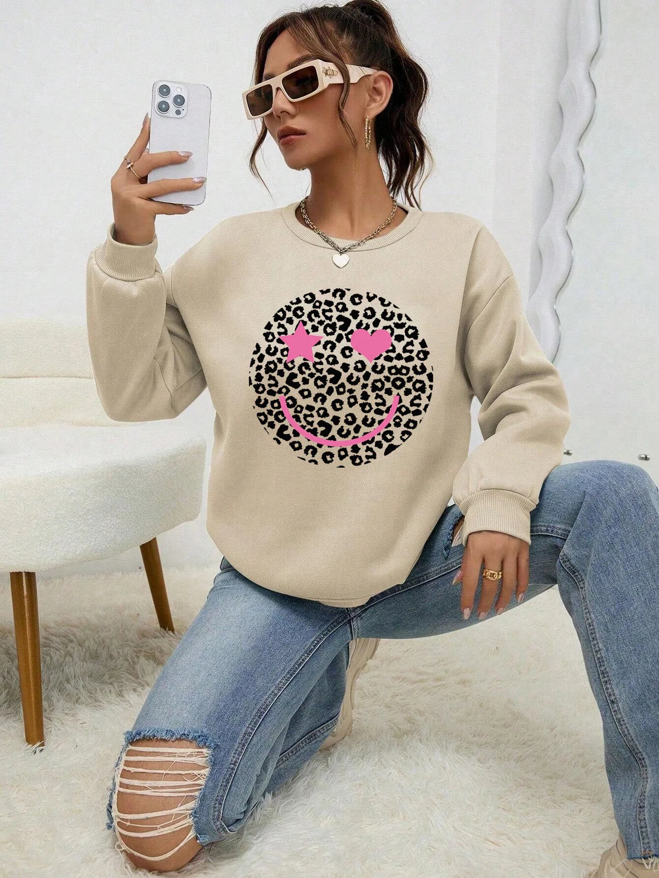 Felpa Donna Stampa Leopardo Happy Face - Pullover Fleece Streetwear Autunno Inverno
