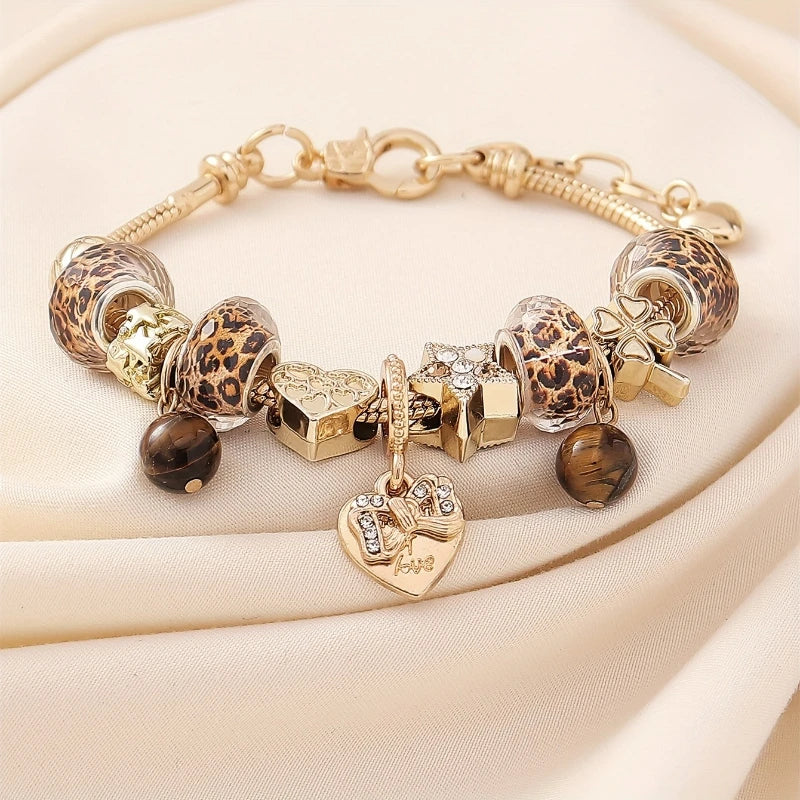 Braccialetto con Pendente a Cuore - Perline Leopardate Color Oro