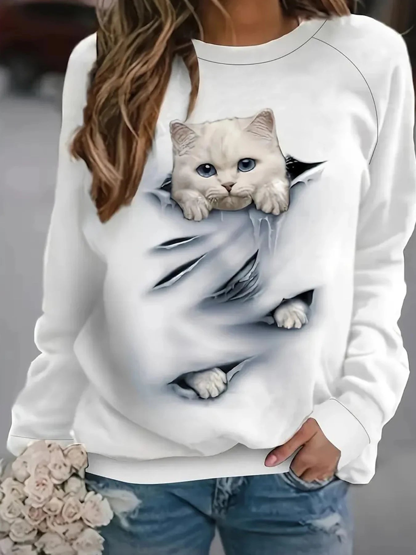 Felpa Donna Manica Lunga Gattino Curioso Design Grafico Girocollo Casual Amante Gatti