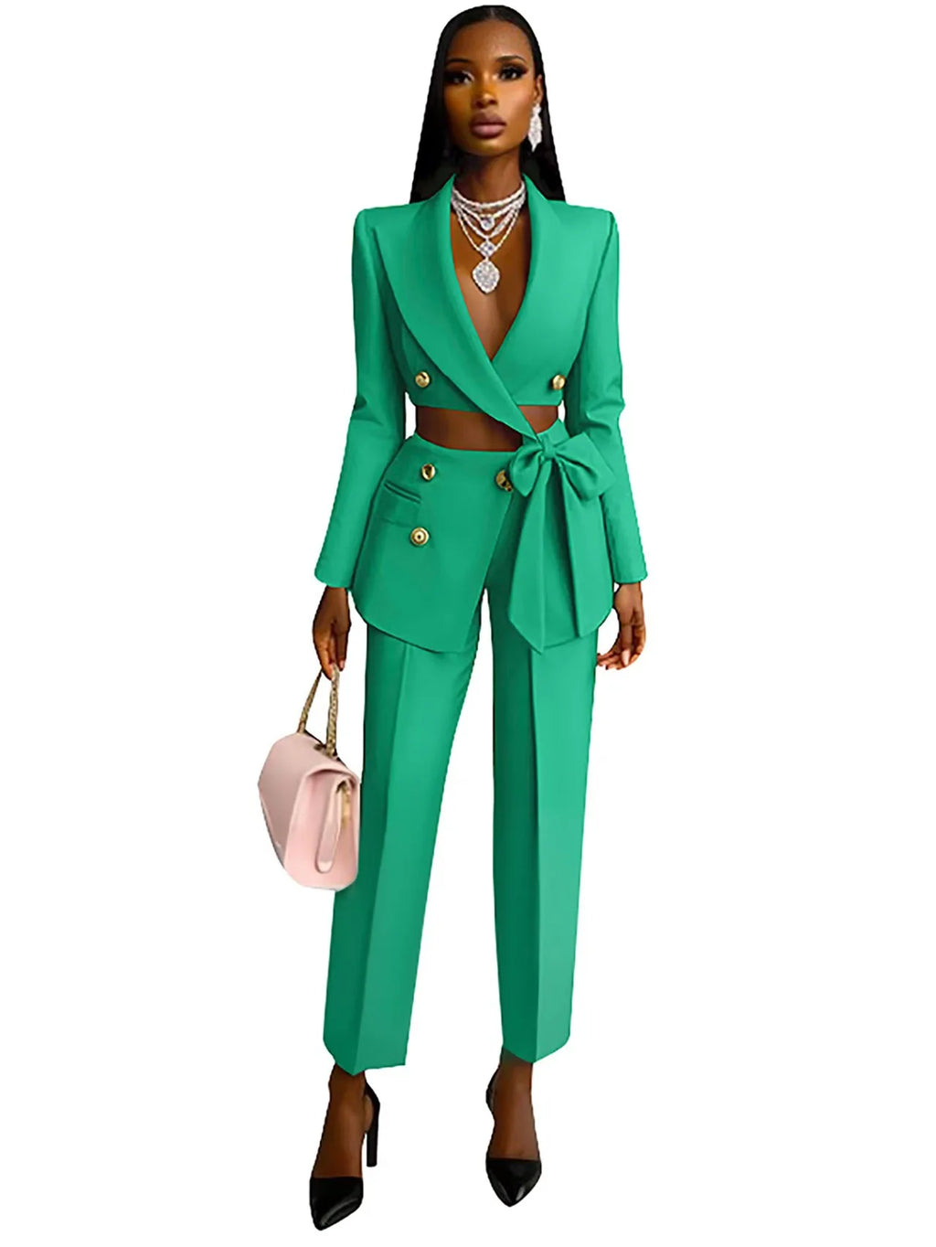 Completo Elegante Donna Blazer e Pantaloni - Giacca Lunga con Fiocco e Pantaloni Palazzo per Ufficio