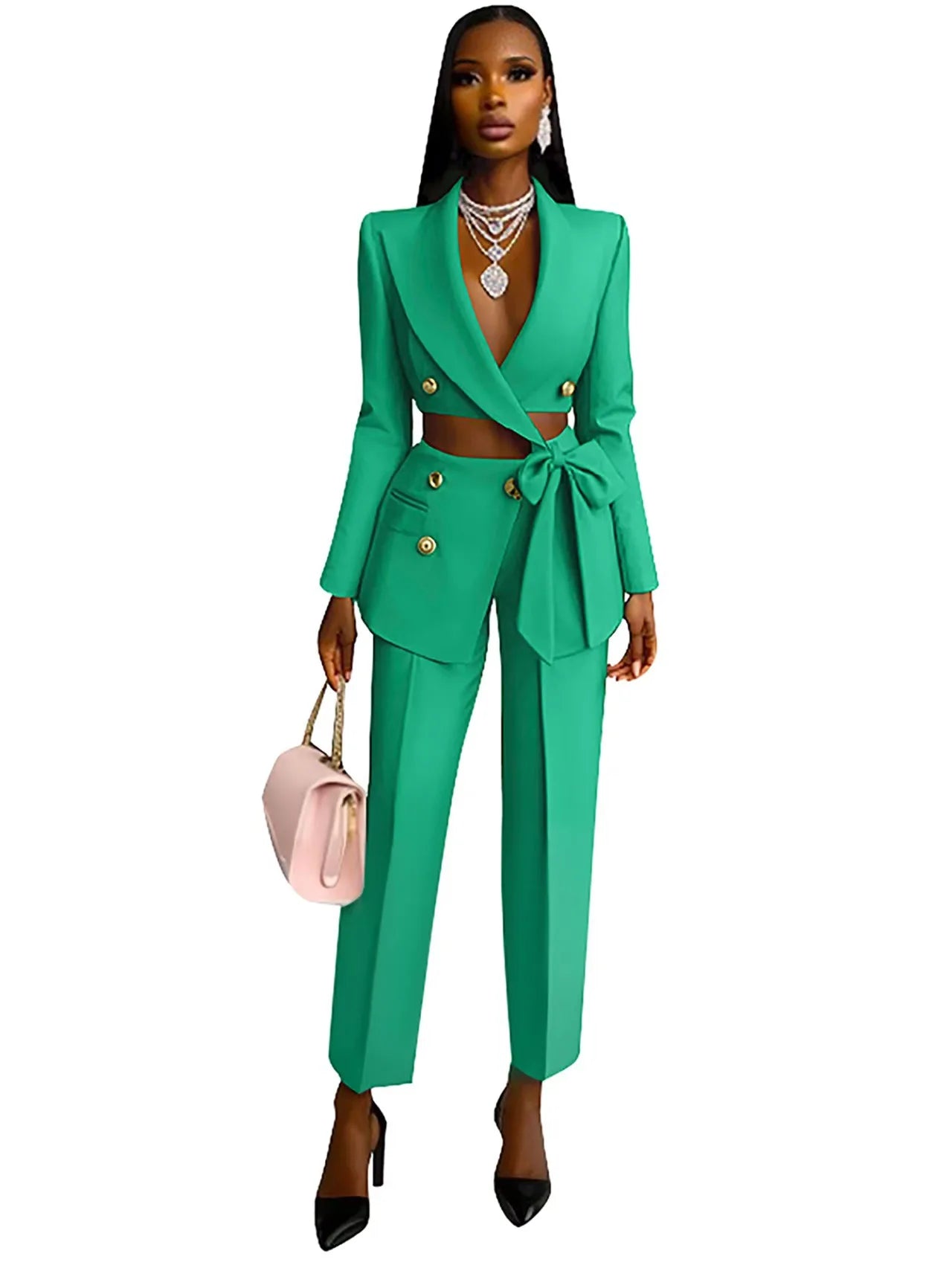 Completo Elegante Donna Blazer e Pantaloni - Giacca Lunga con Fiocco e Pantaloni Palazzo per Ufficio