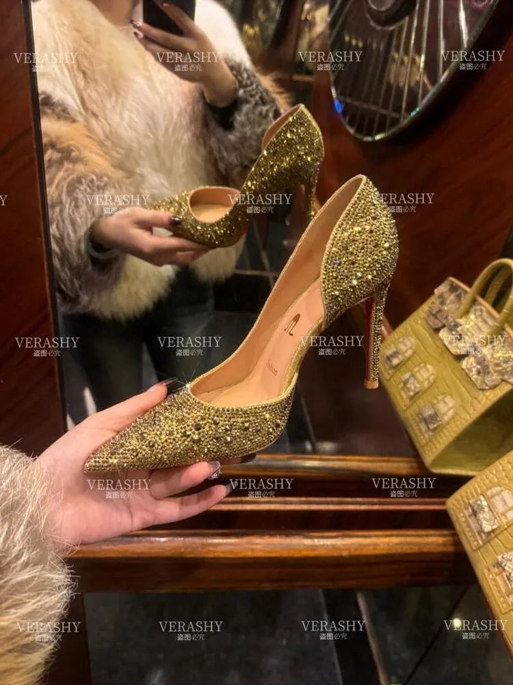 Golden Age 2025 Summer New Style Side Air Gold Style Fine Heels Pointed Red Bottom High Heels Water Diamond Single Shoes