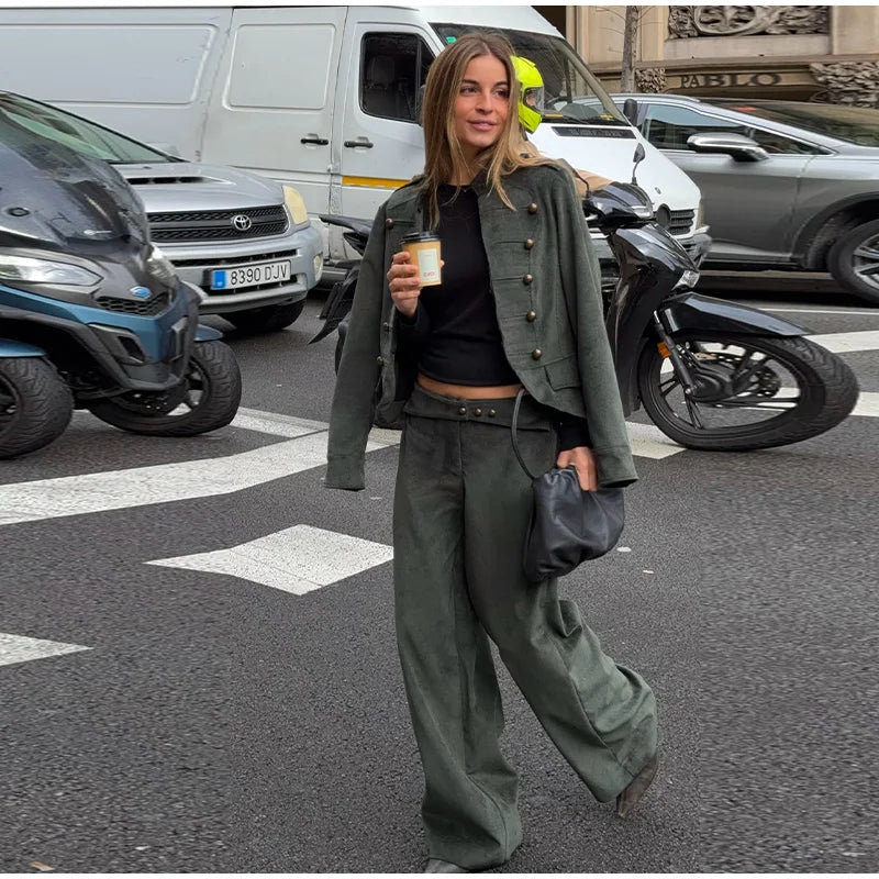 Retro Corduroy Pants Set Women Military Style Cropped Jacket Matching Wide Leg Pant Fashion Outfit Casual Streetwear Office Suit