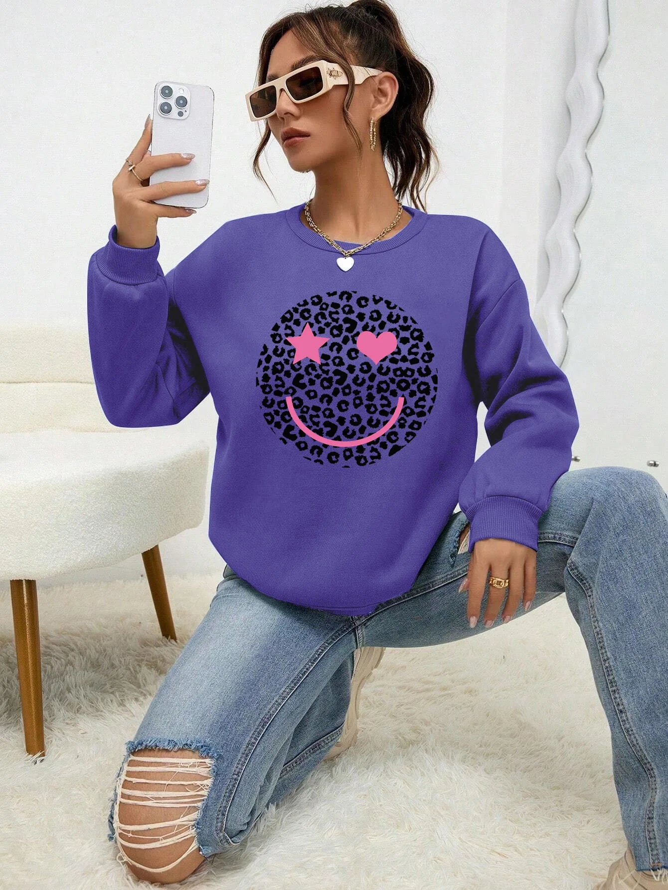 Felpa Donna Stampa Leopardo Happy Face - Pullover Fleece Streetwear Autunno Inverno