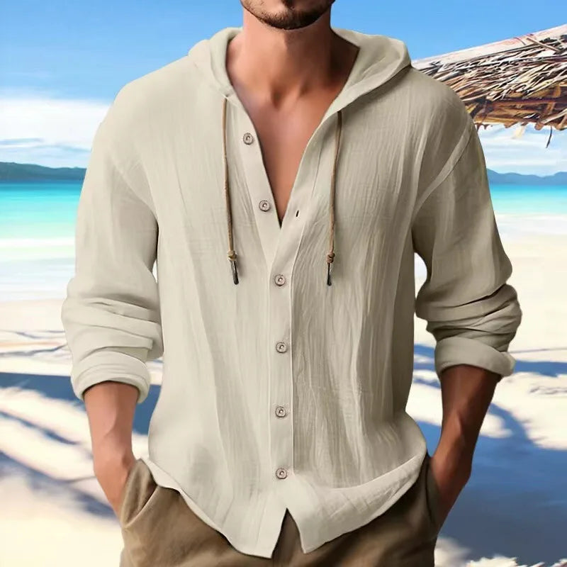Camicia Uomo Cotone e Lino con Cappuccio – Cardigan Casual Beach Loose Fit