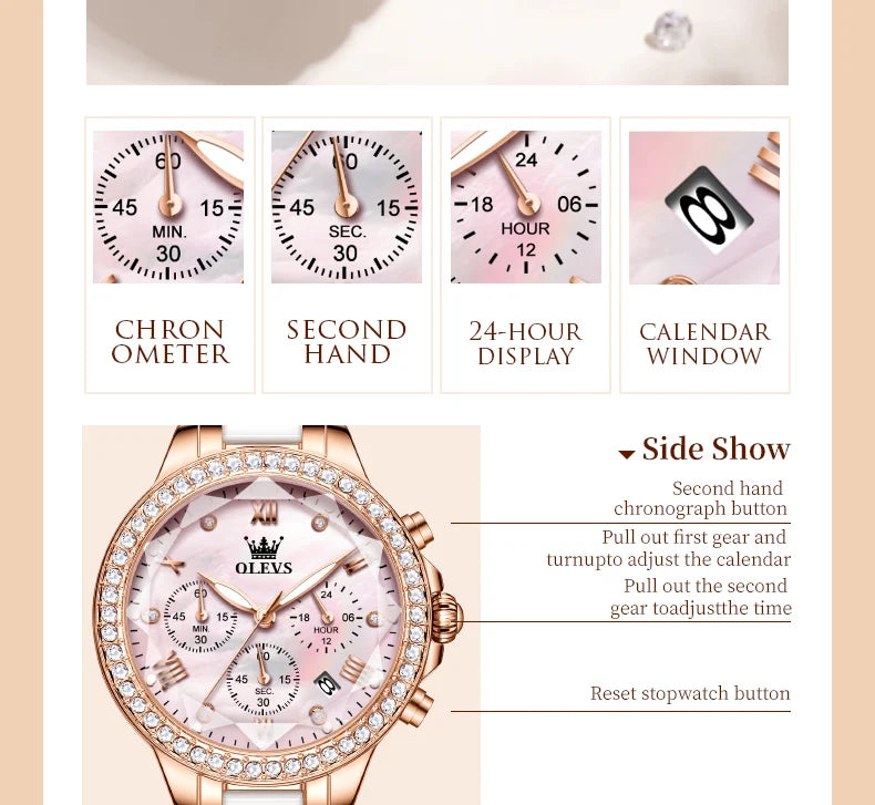 OLEVS Exquisite Women's Watches Prismatic Mirror Surface Quartz Watch Chronograph Gift Bracelet Calendar Waterproof Female Watch