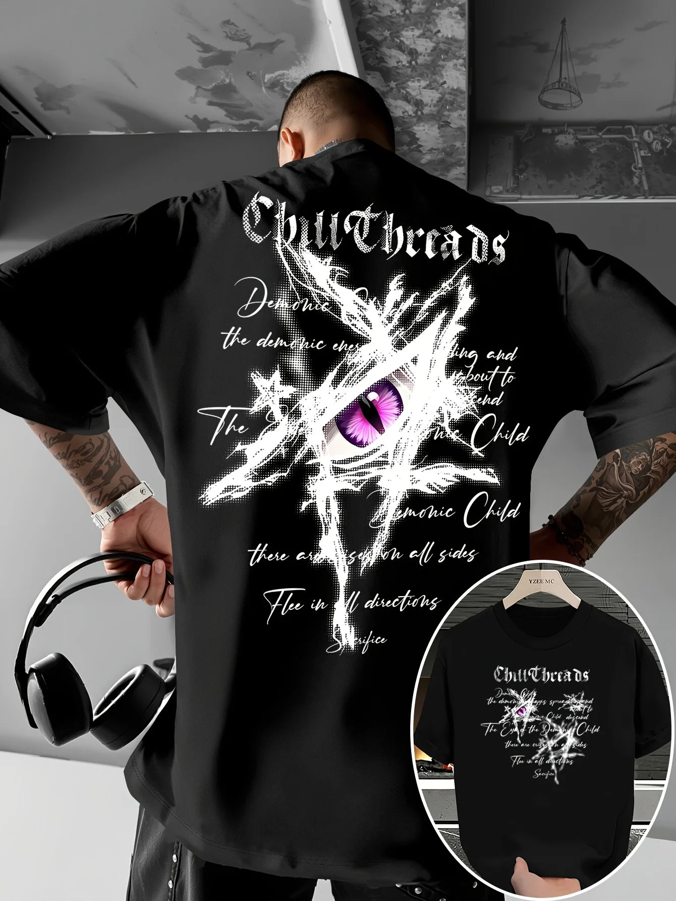 T-shirt Uomo 100% Cotone – Stampa "Eye of The Devil" Loose Fit Estiva