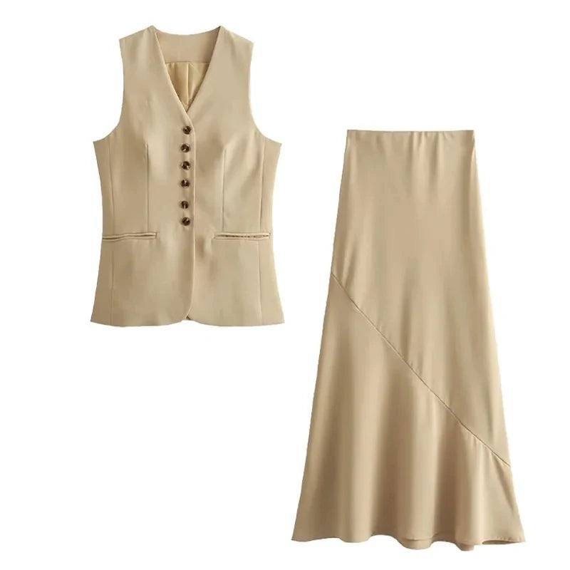 HH Women Vest Skirt Sets Female Khaki Long Blazer Vest V Neck Sleeveless Slim Top+Elegant High Waist A Line Skirt Suit TRAF