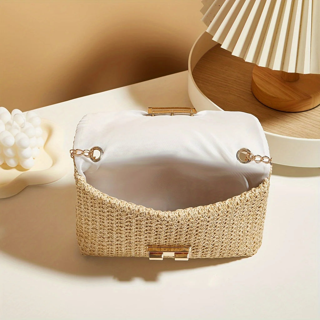 Borsa Paglia Intrecciata Donna - Tracolla Fashion con Chiusura a Lucchetto