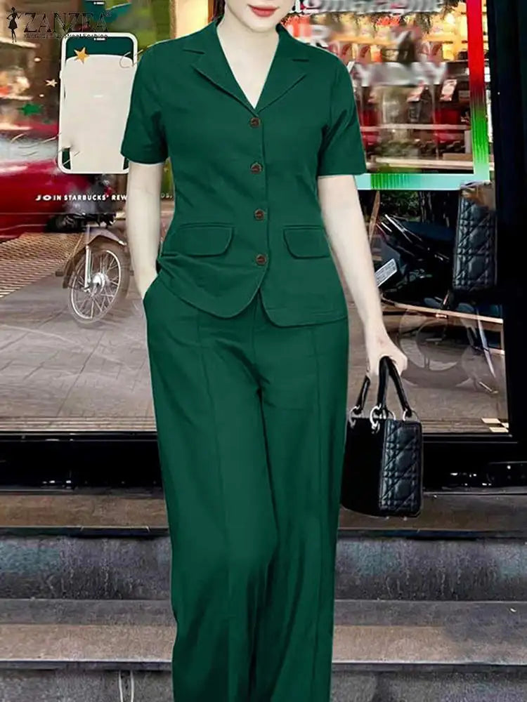 ZANZEA 2024 Elegant Women Fashion Short Sleeve Shirt Wide Leg Trousers Suits Solid Tracksuit 2PCS Summer OL Work Pants Sets