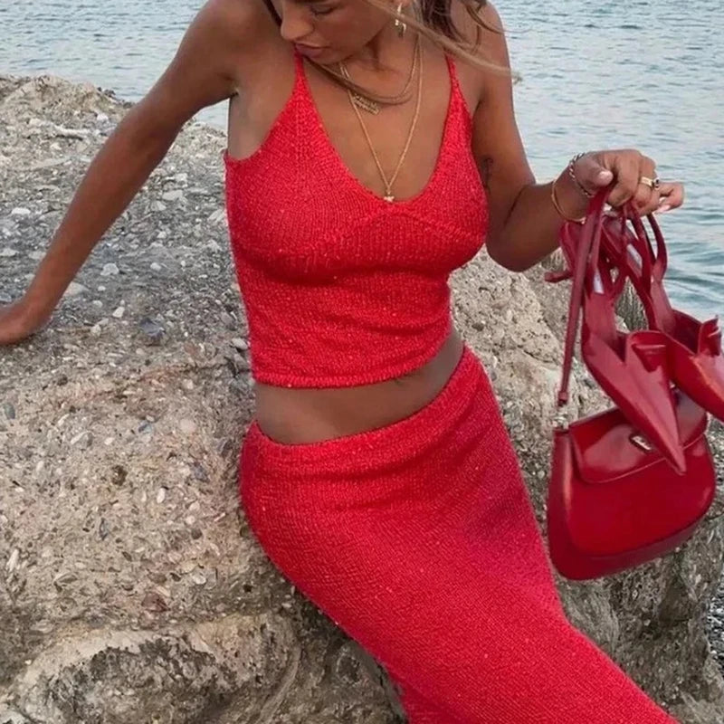 hirigin Women Sparkly Two Piece Skirt Outfits Sleeveless Spaghetti Strap Scoop Neck Cami Tops Bodycon Sexy Maxi Skirts