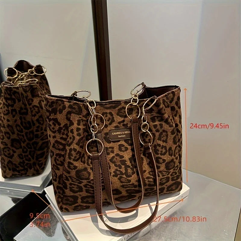 Borsa Tote Donna Stampa Leopardata — Shopper in PU Casual per Ufficio e Viaggio