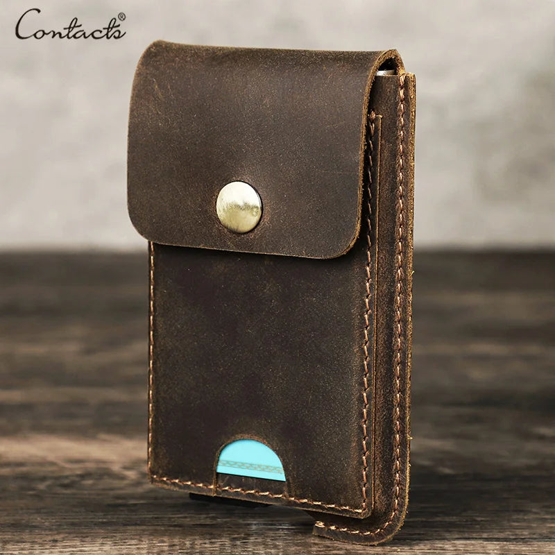 CONTACT'S Men's Credit Card Holder Wallet RFID Genuine Leather Hasp Card Case Man Casual Designer Mini Cards Aluminum Box Purse