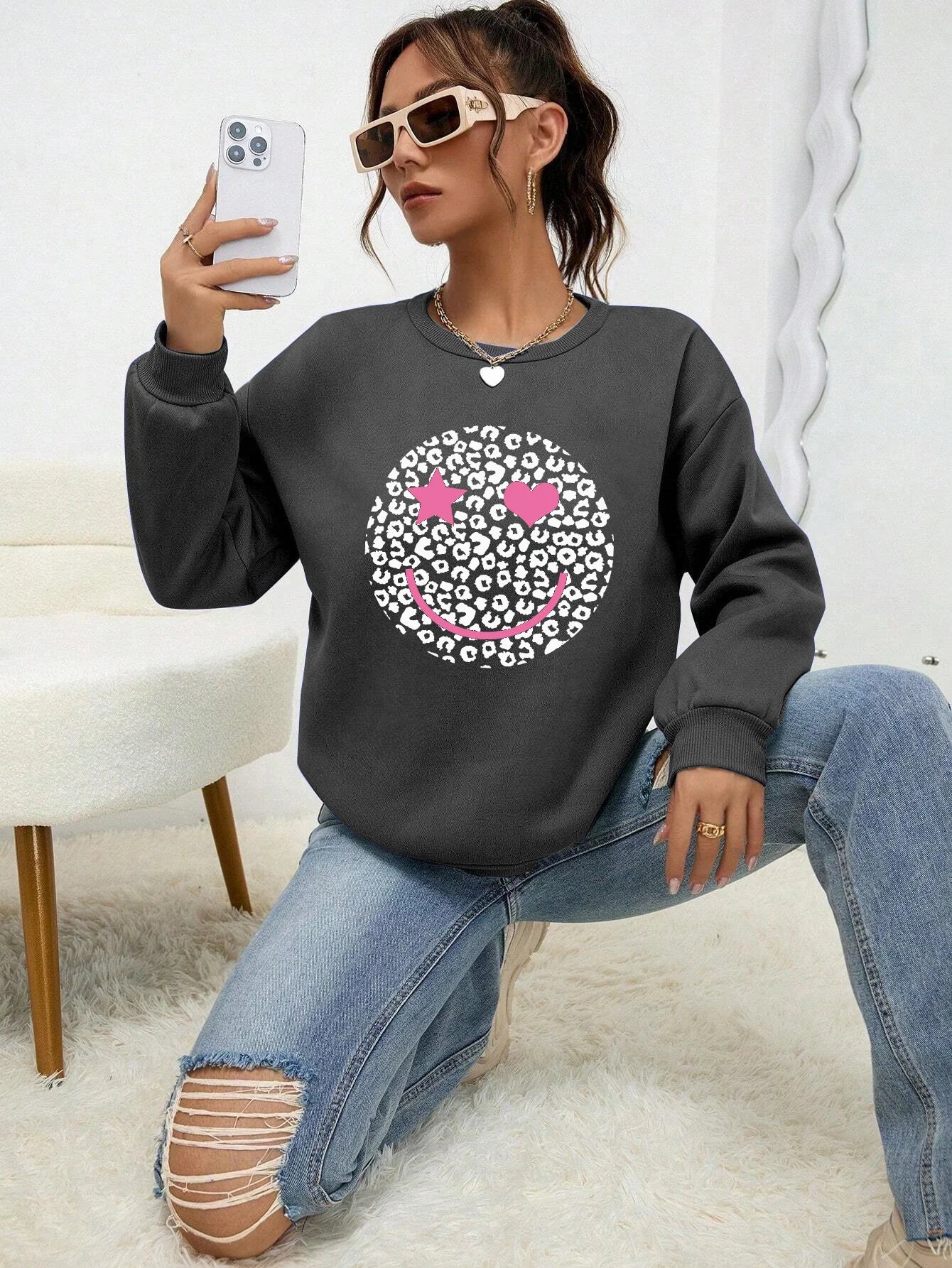 Felpa Donna Stampa Leopardo Happy Face - Pullover Fleece Streetwear Autunno Inverno