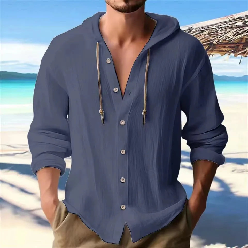 Camicia Uomo Cotone e Lino con Cappuccio – Cardigan Casual Beach Loose Fit