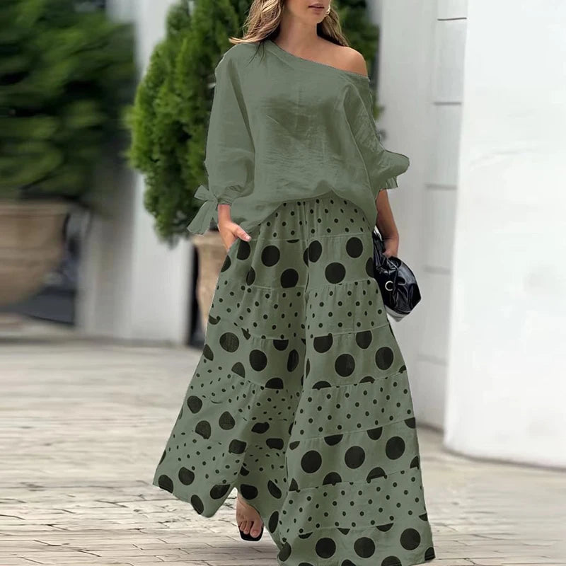 Completo Due Pezzi Donna — Top Scollo Obliquo e Pantaloni Wide Leg Casual Estivo