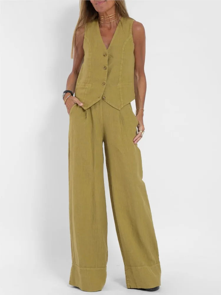 Fashion Solid Sleeveless Vest Wide Leg Pants Sets For Women Summer V-neck Button Top Pocket  Trousers Outfits Two-piece Suit