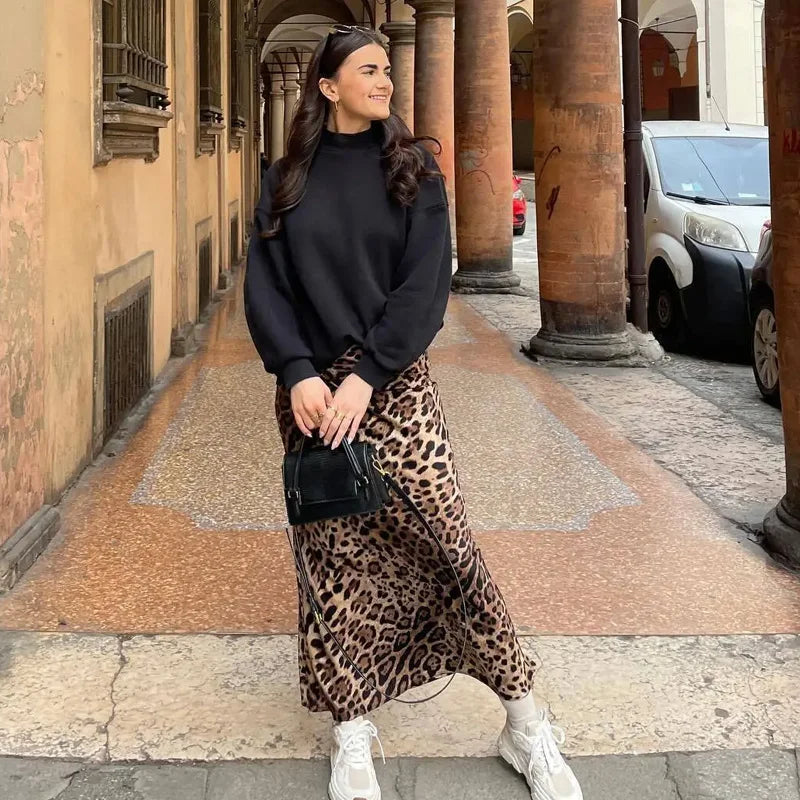 HXAO Women's Skirts Leopard Long Skirts For Women Vintage Satin Animal Print Skirt Woman Fashion High Waist Elegant Midi Skirts